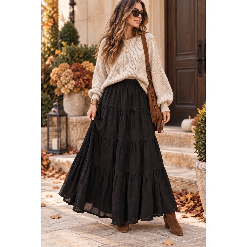 Princess Polly Black Tiered Maxi Skirt Elastic Waist Boho Textured Size US 8